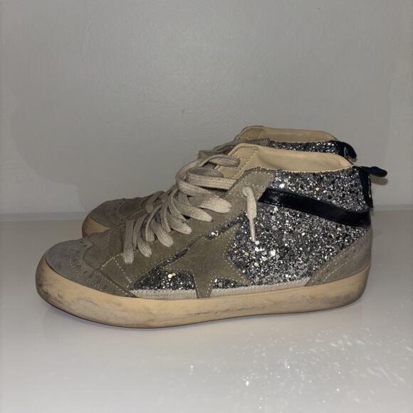Golden Goose Mid Star Glitter Mid Top Sneakers Silver Taupe Sz 37 Eur 7 US 5 UK - Picture 1 of 12